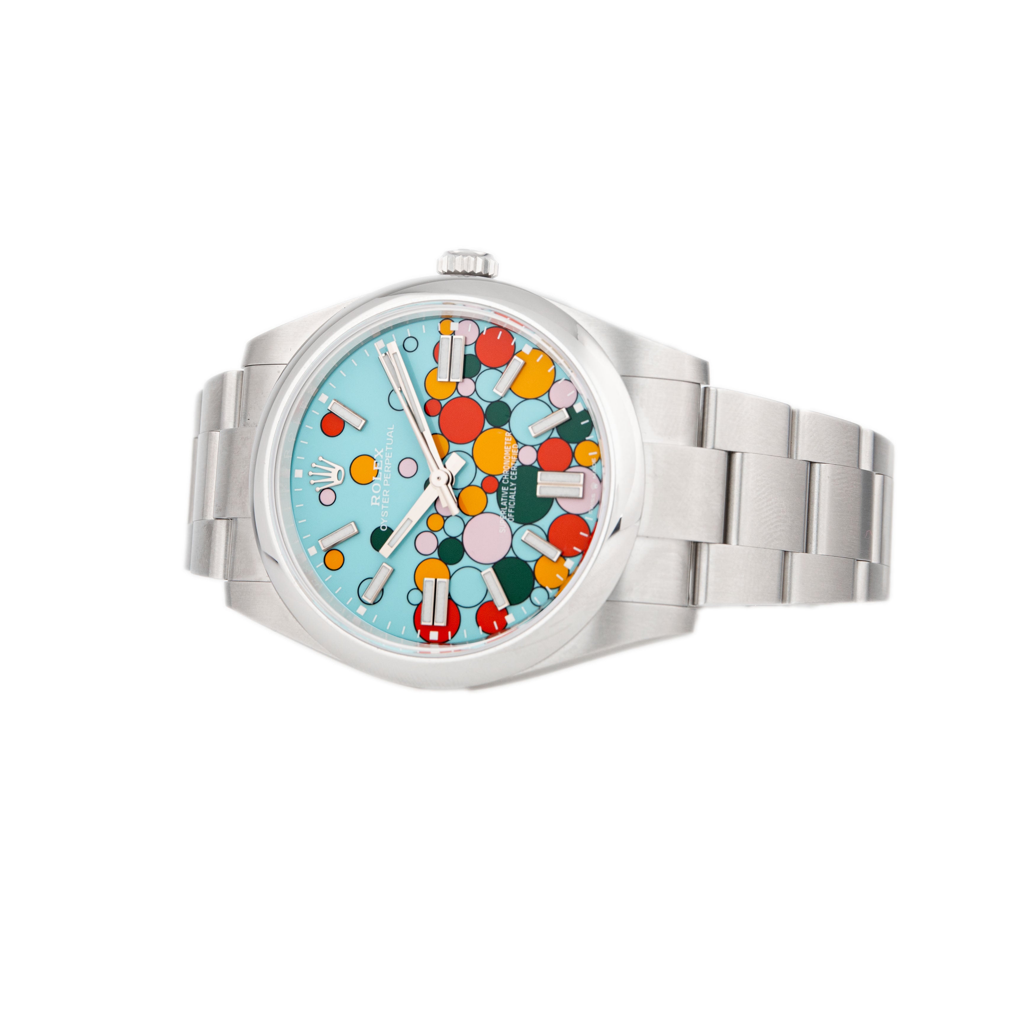 Rolex Oyster Perpetual Stainless Steel Blue Celebration Motif Dial 41mm 124300 Full Set