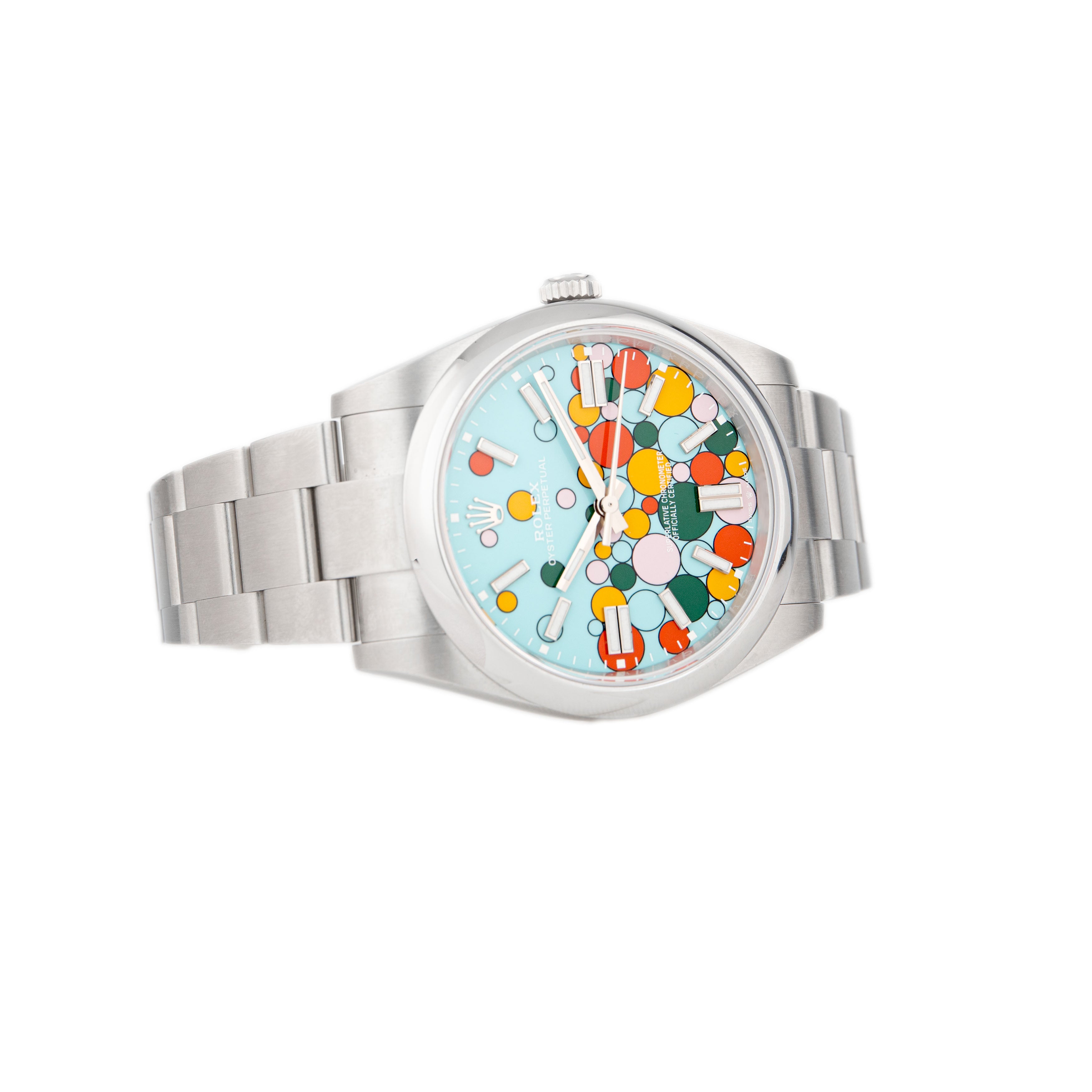 Rolex Oyster Perpetual Stainless Steel Blue Celebration Motif Dial 41mm 124300 Full Set