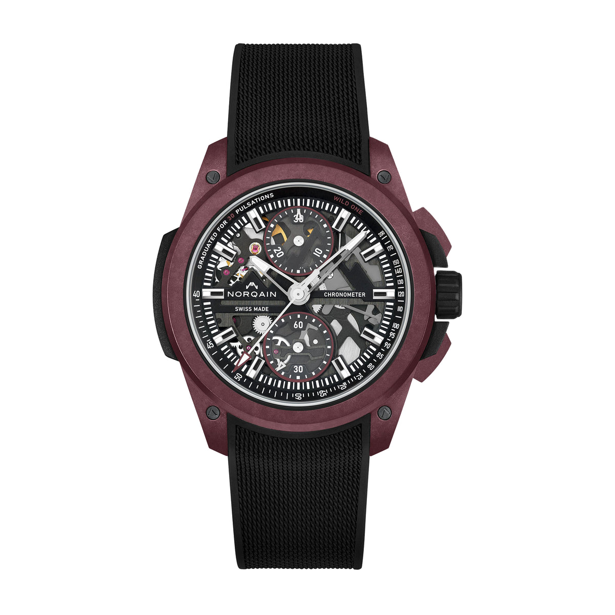 Norqain Independence Wild One Skeleton Chrono Burgundy Watch, 42mm Skeleton Dial, N3002.40Q02.B01.R01