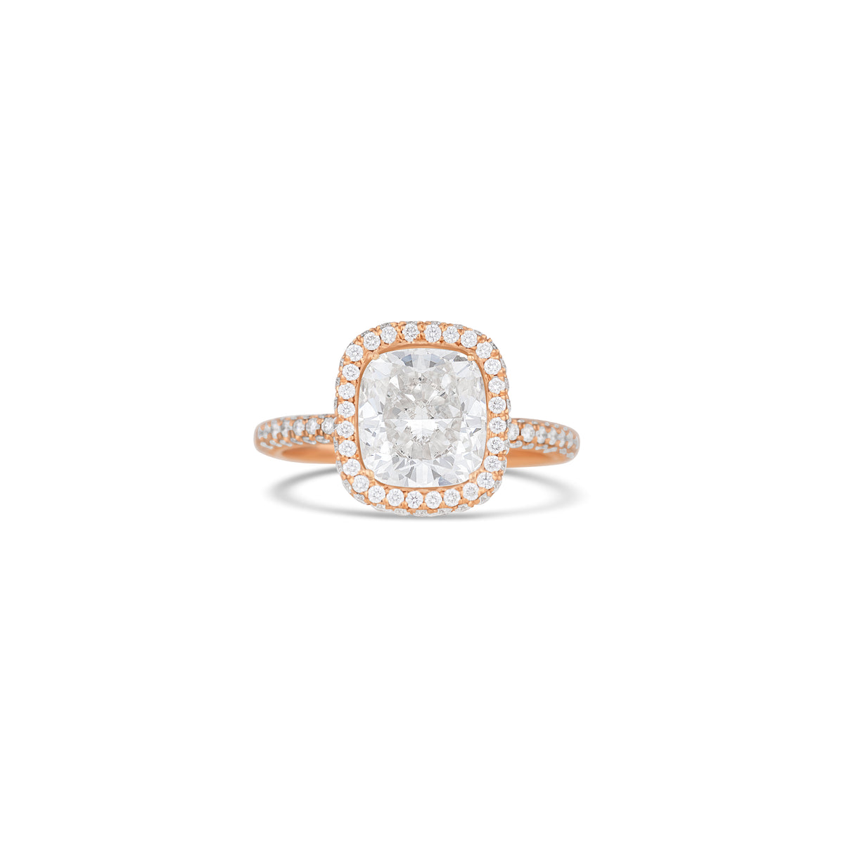 18K Rose Gold Cushion Diamond Three Row Micro Pave Engagement Ring