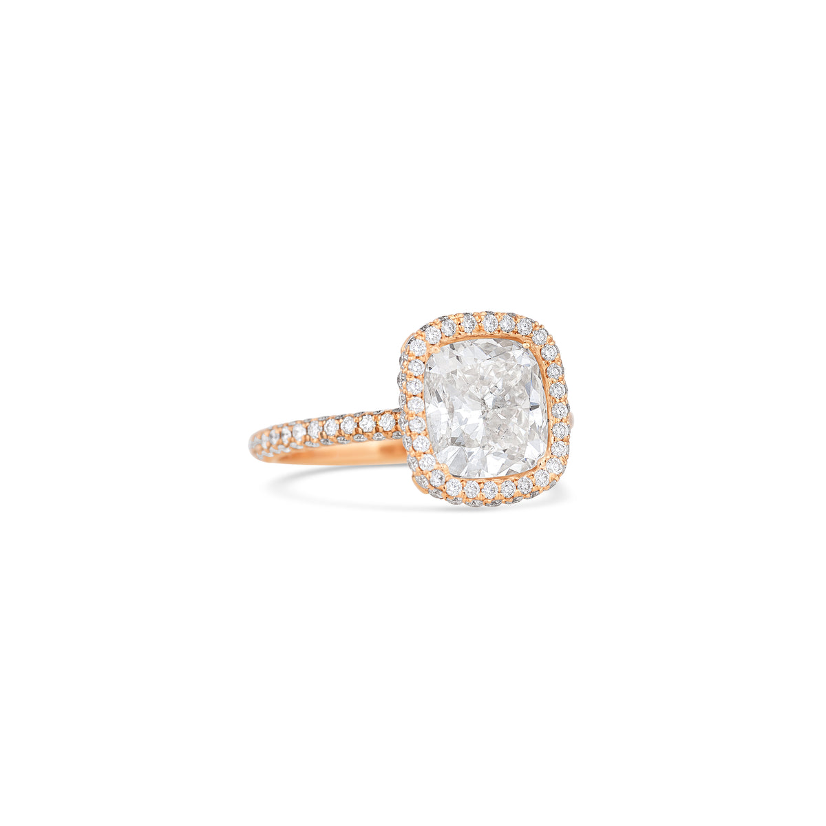 18K Rose Gold Cushion Diamond Three Row Micro Pave Engagement Ring