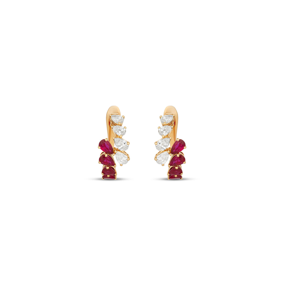18k Yellow Gold Pear Ruby and Diamond Huggie Earrings