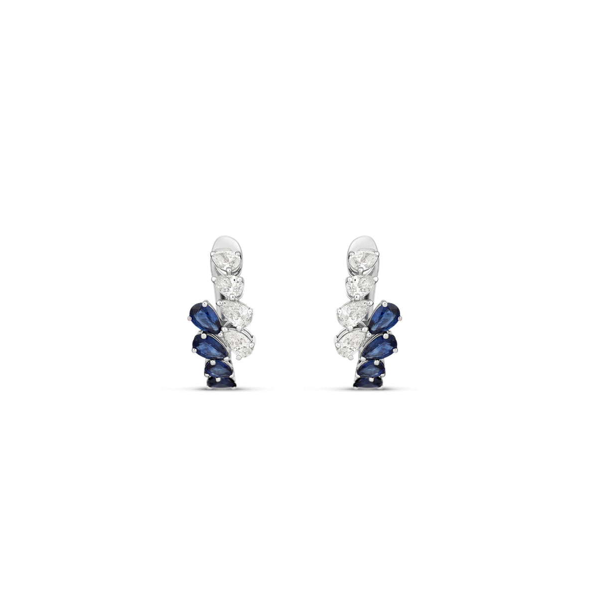 18k White Gold Pear Blue Sapphire and Diamond Huggie Earrings