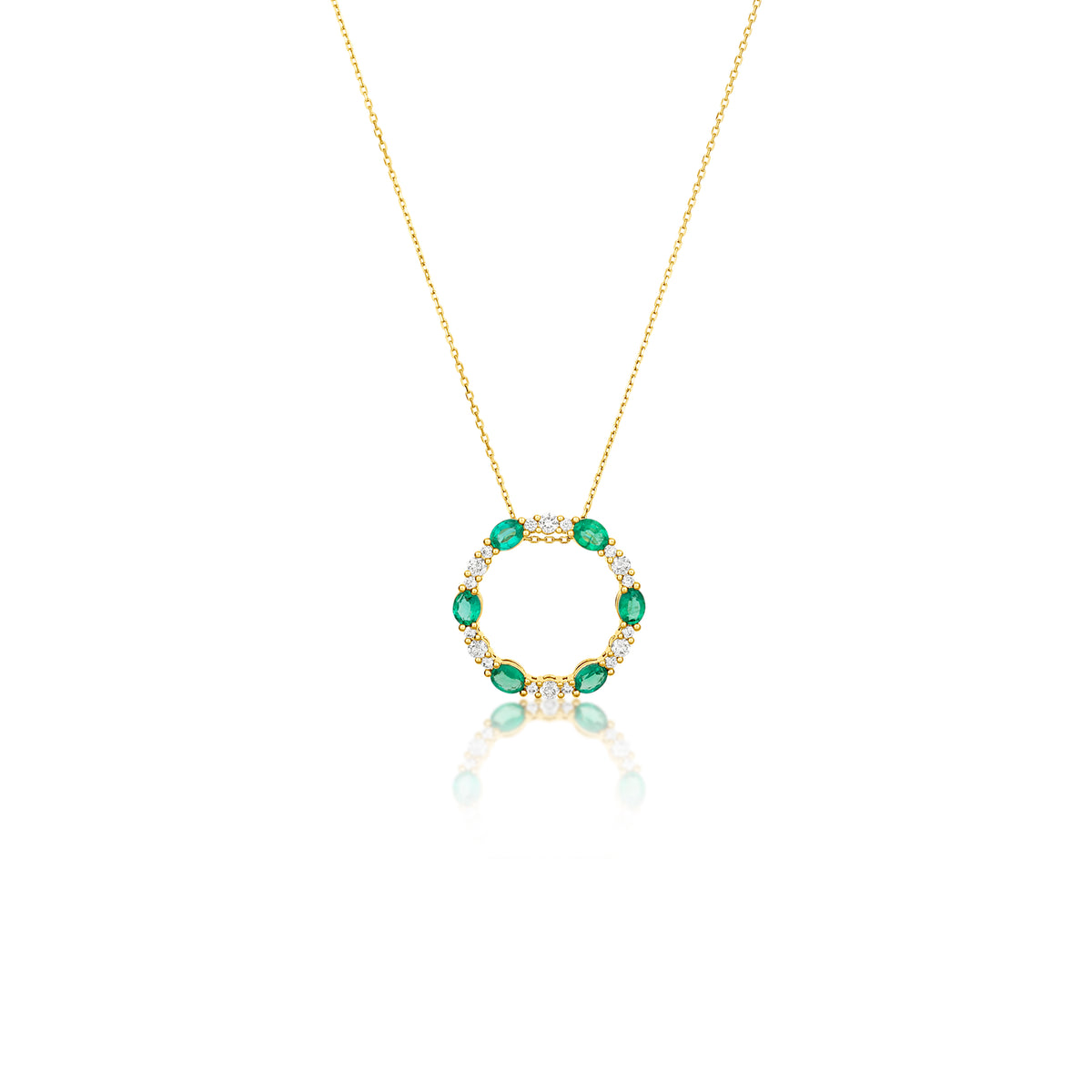 18k Yellow Gold Round Diamond and Oval Emerald Open Circle Pendant with Chain