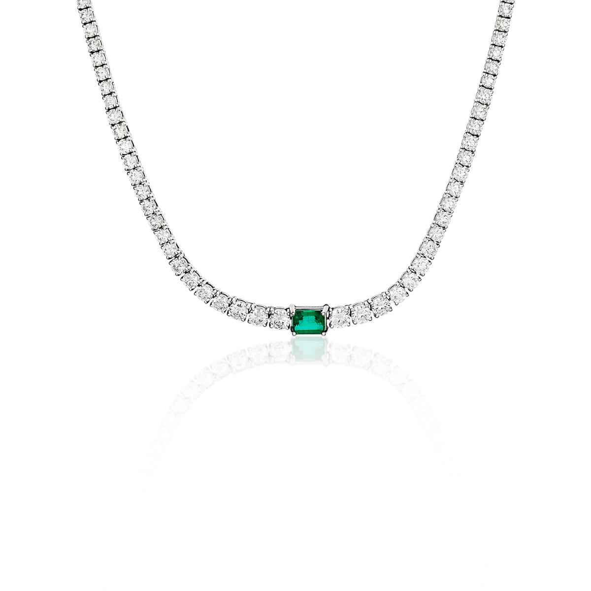 14k White Gold 1.27ct Emerald and Diamond Line Necklace