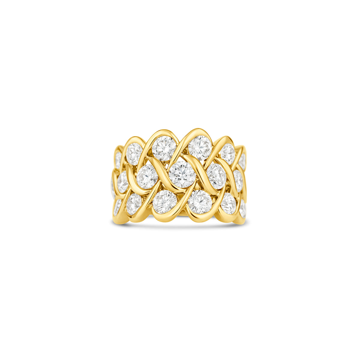 18k Yellow Gold Three-Row Round Diamond Woven Ring