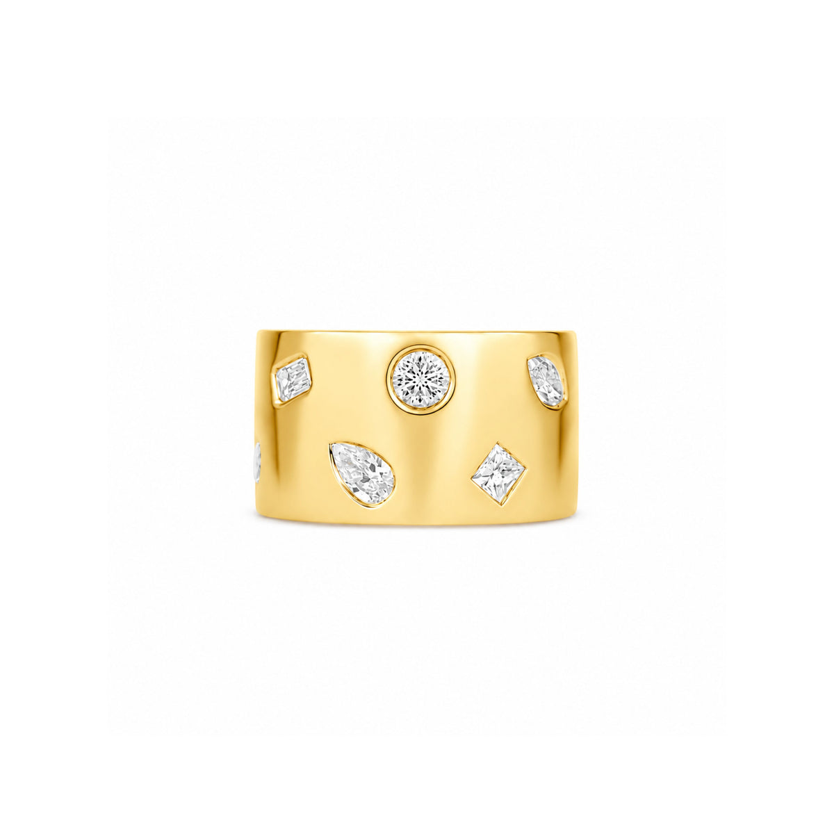 18k Yellow Gold Multi Shape Diamond Burnish Set Band