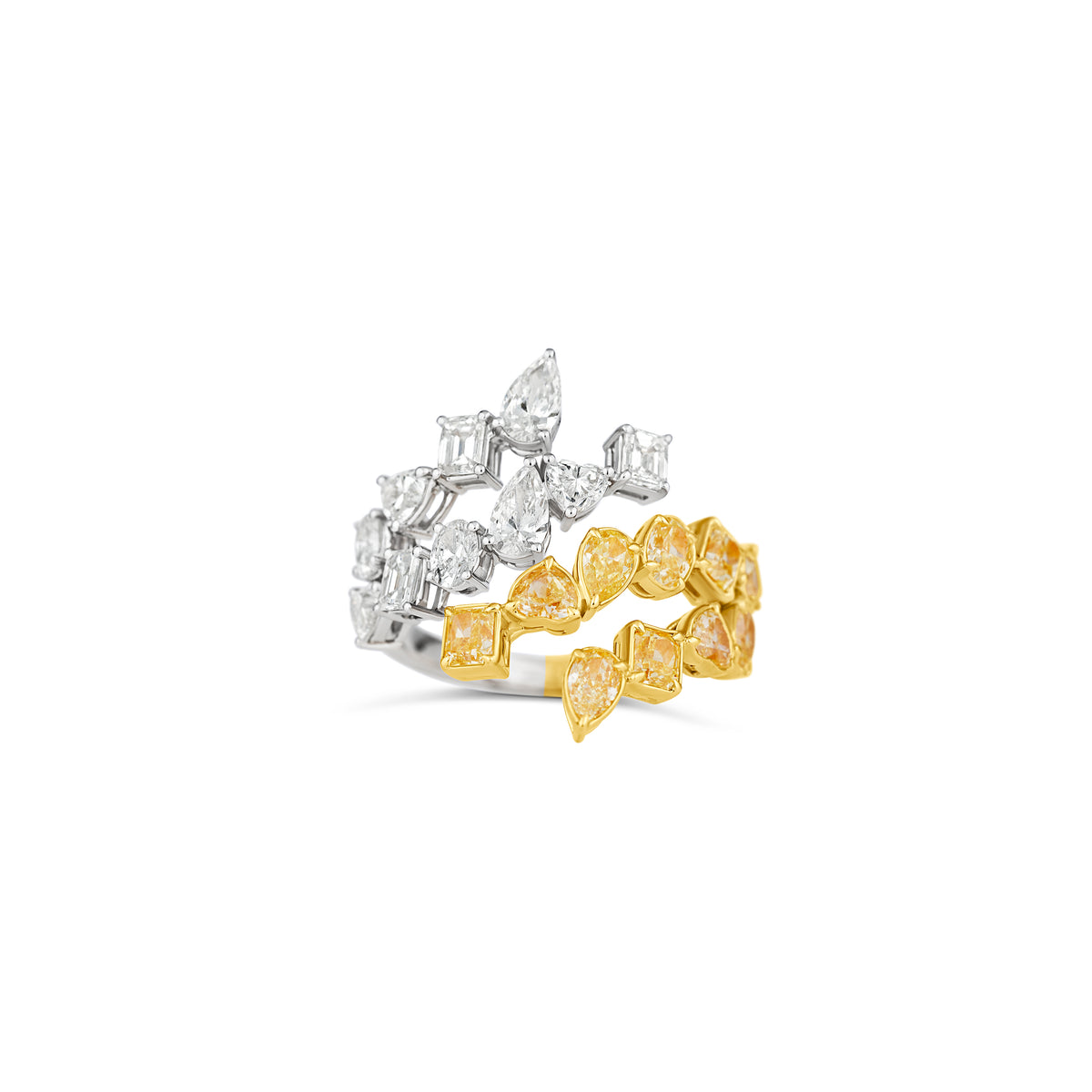 18k Yellow and White Gold Four-Row Multi Shape Diamond Open Wrap Ring