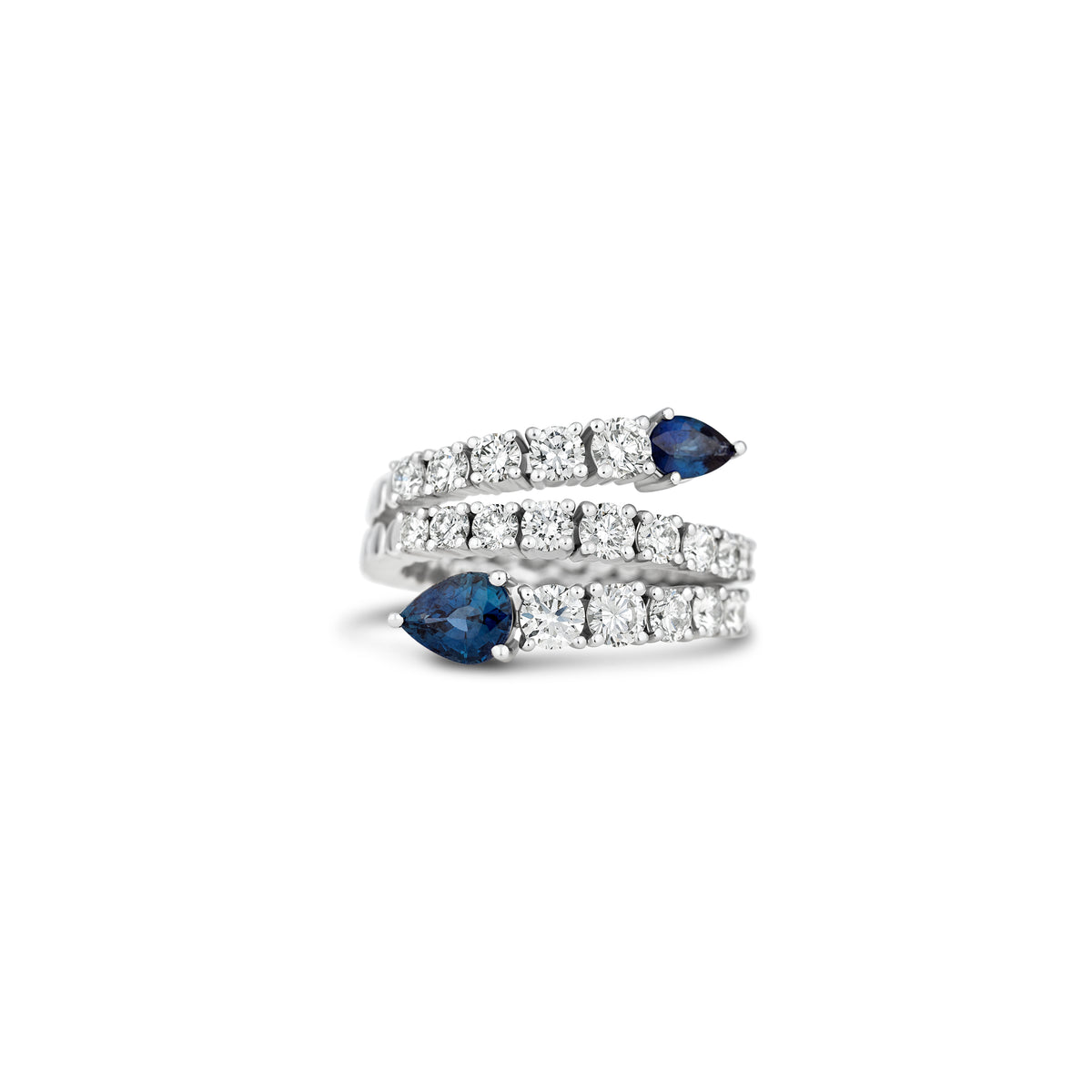 18k White Gold Pave Diamond and Pear Blue Sapphire Three-Row Open Ring