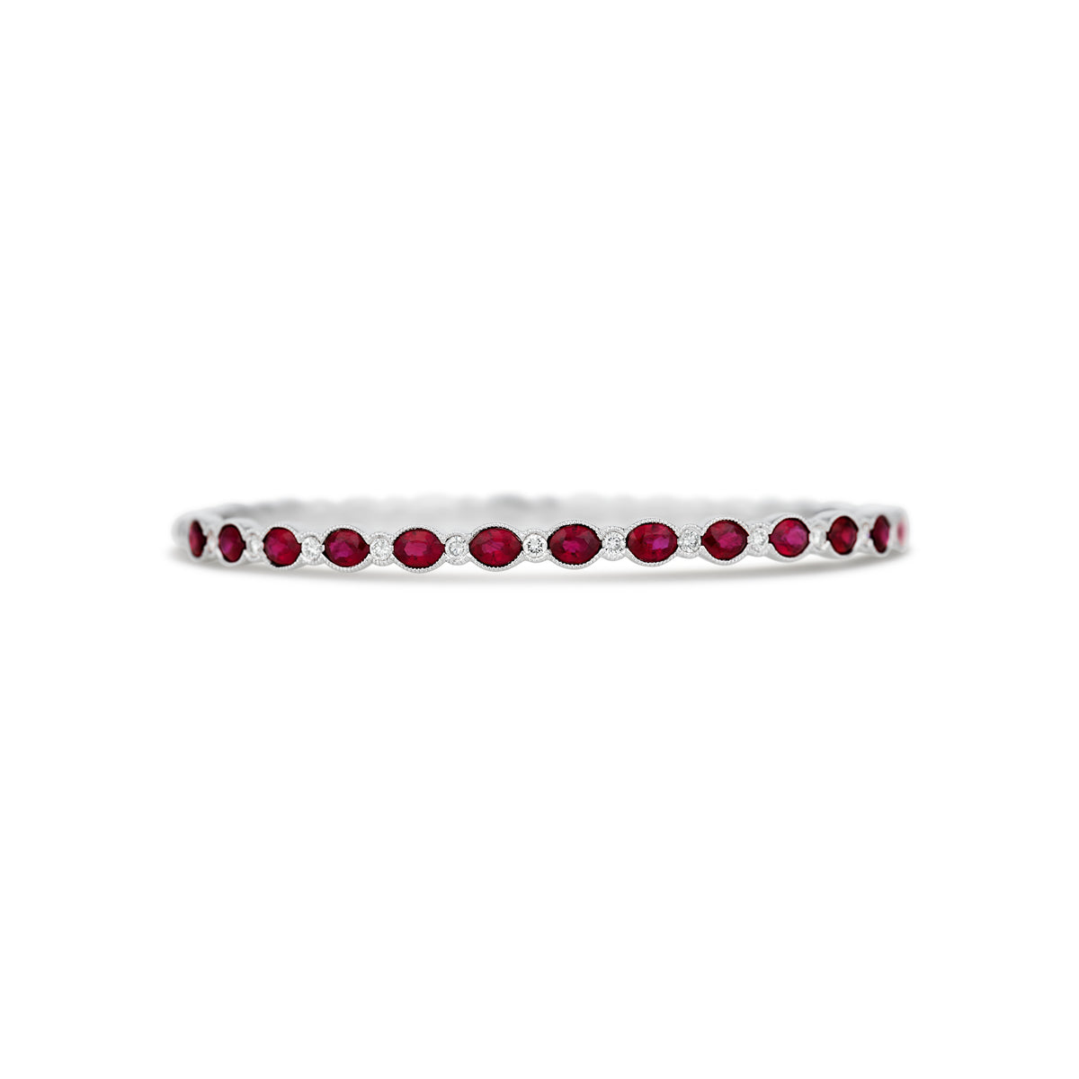 18k White Gold Diamond and Oval Ruby Milgrain Bezel Set Bangle