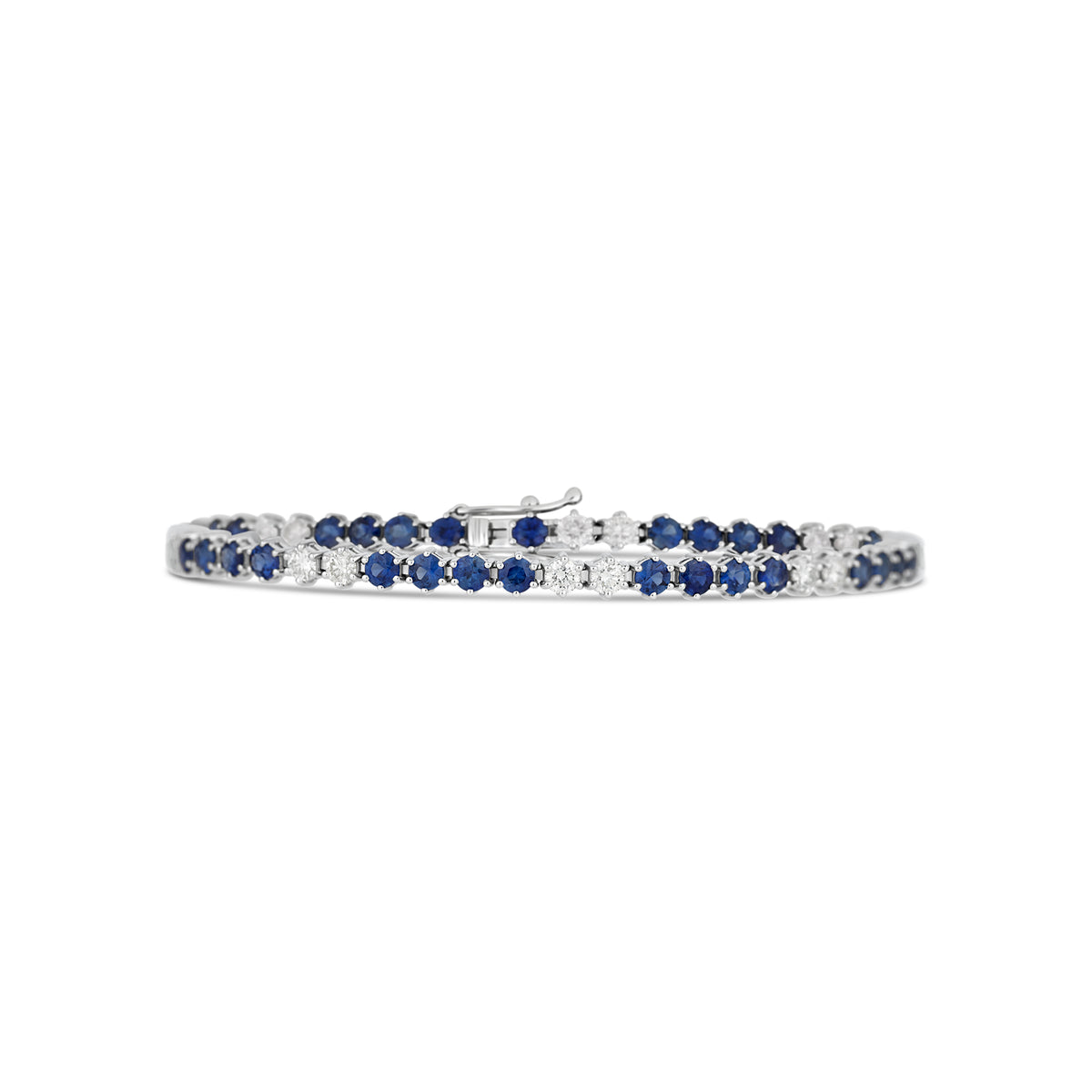 18k White Gold Diamond and Blue Sapphire Six-Prong Alternating Bracelet