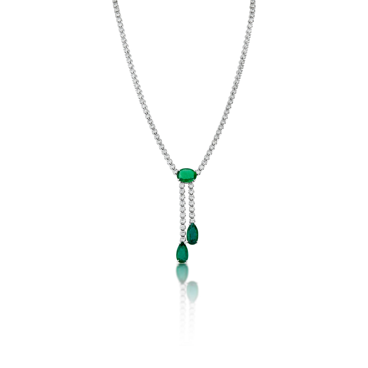 18k White Gold Oval and Pear Emerald and Round Diamond Drop Necklace