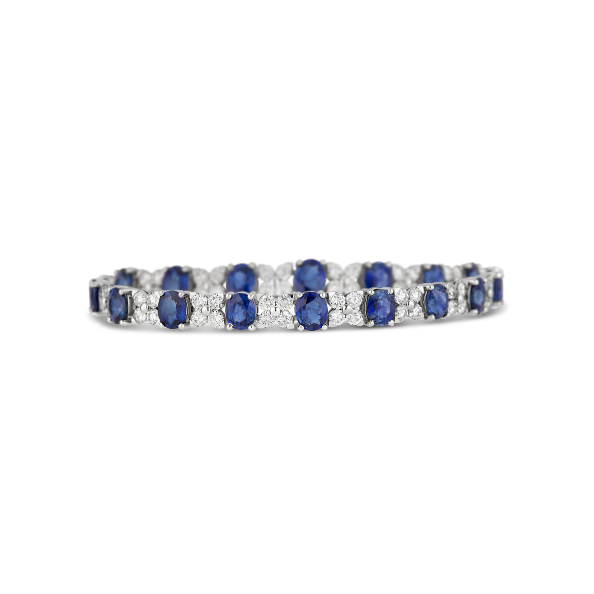 18k White Gold Oval Sapphire and Diamond Cluster Alternating Bracelet