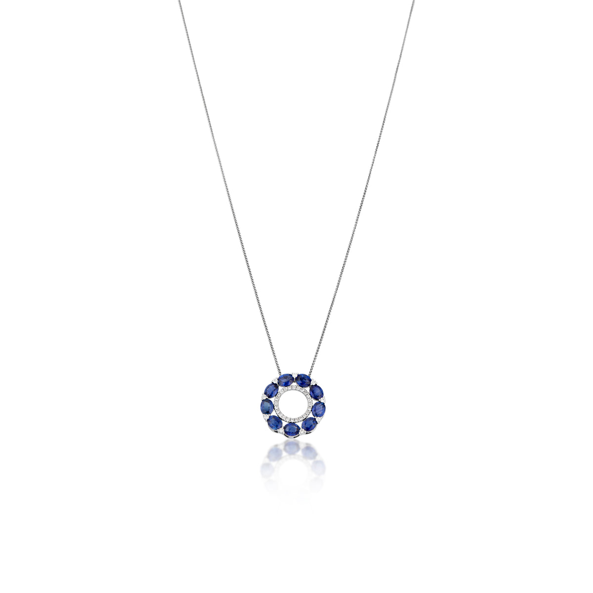 18k White Gold Oval Sapphire and Round Diamond Circle Pendant with Chain