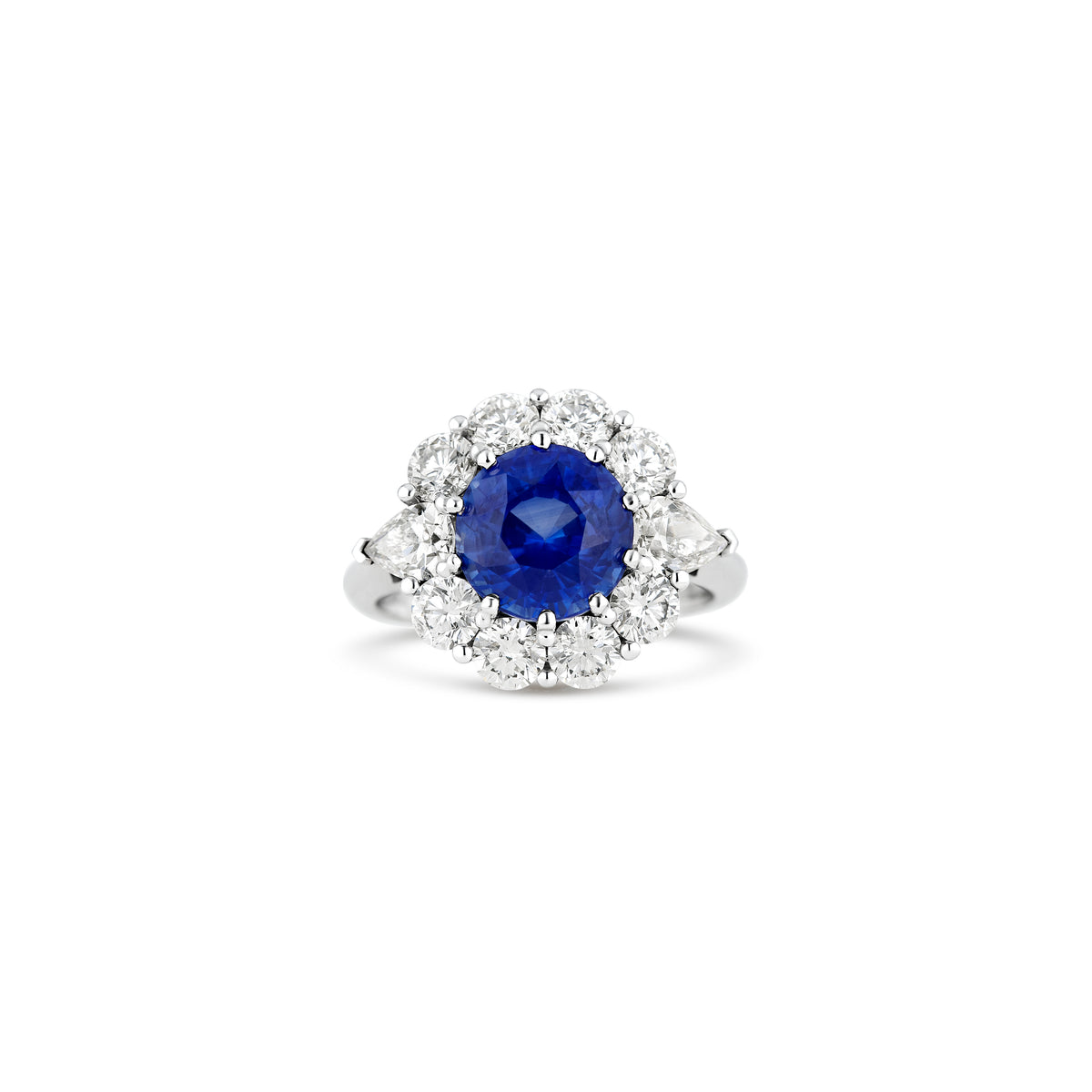 18k White Gold 3.47ct Round Sapphire Diamond Halo Ring