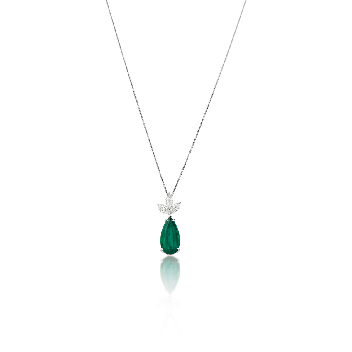 18k White Gold 6.26ct Pear Emerald and Diamond Pendant with Chain