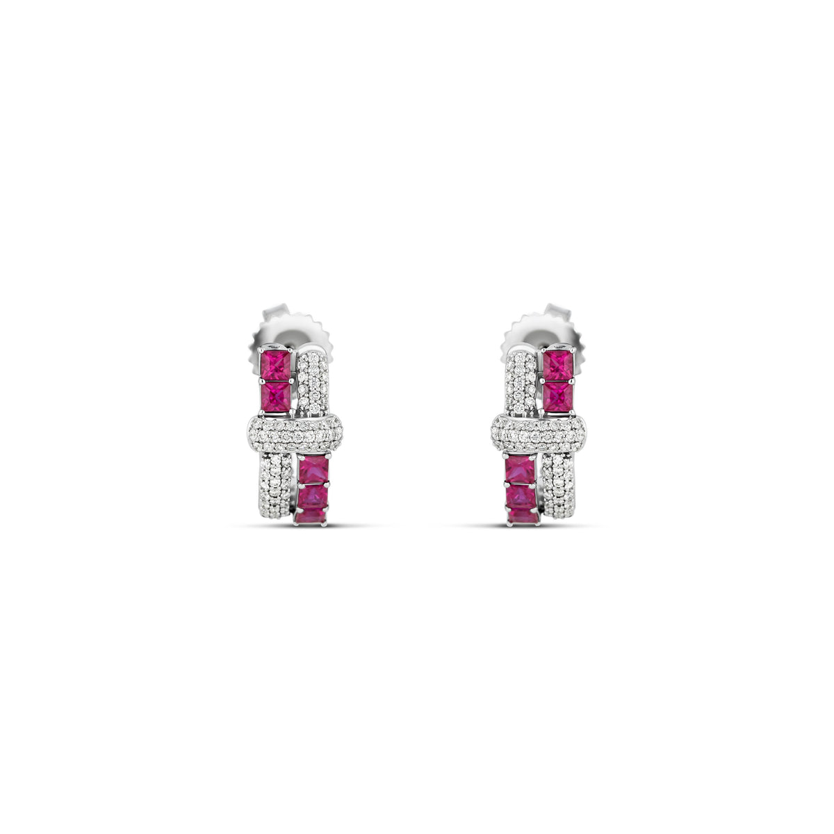 14k White Gold Oval Ruby and Diamond Pave Earrings