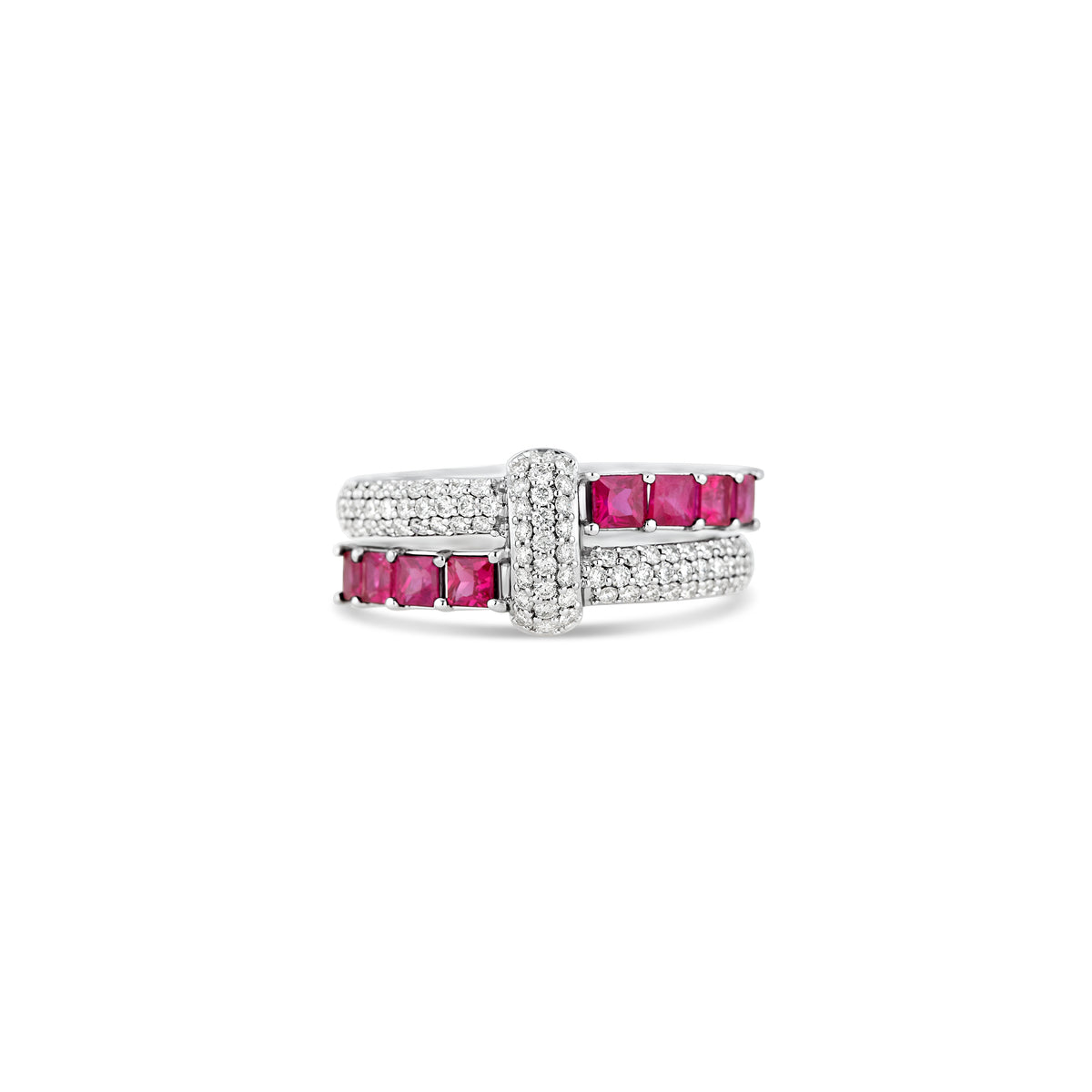14k White Gold Emerald Shape Ruby and Pave Diamond Two-Row Ring