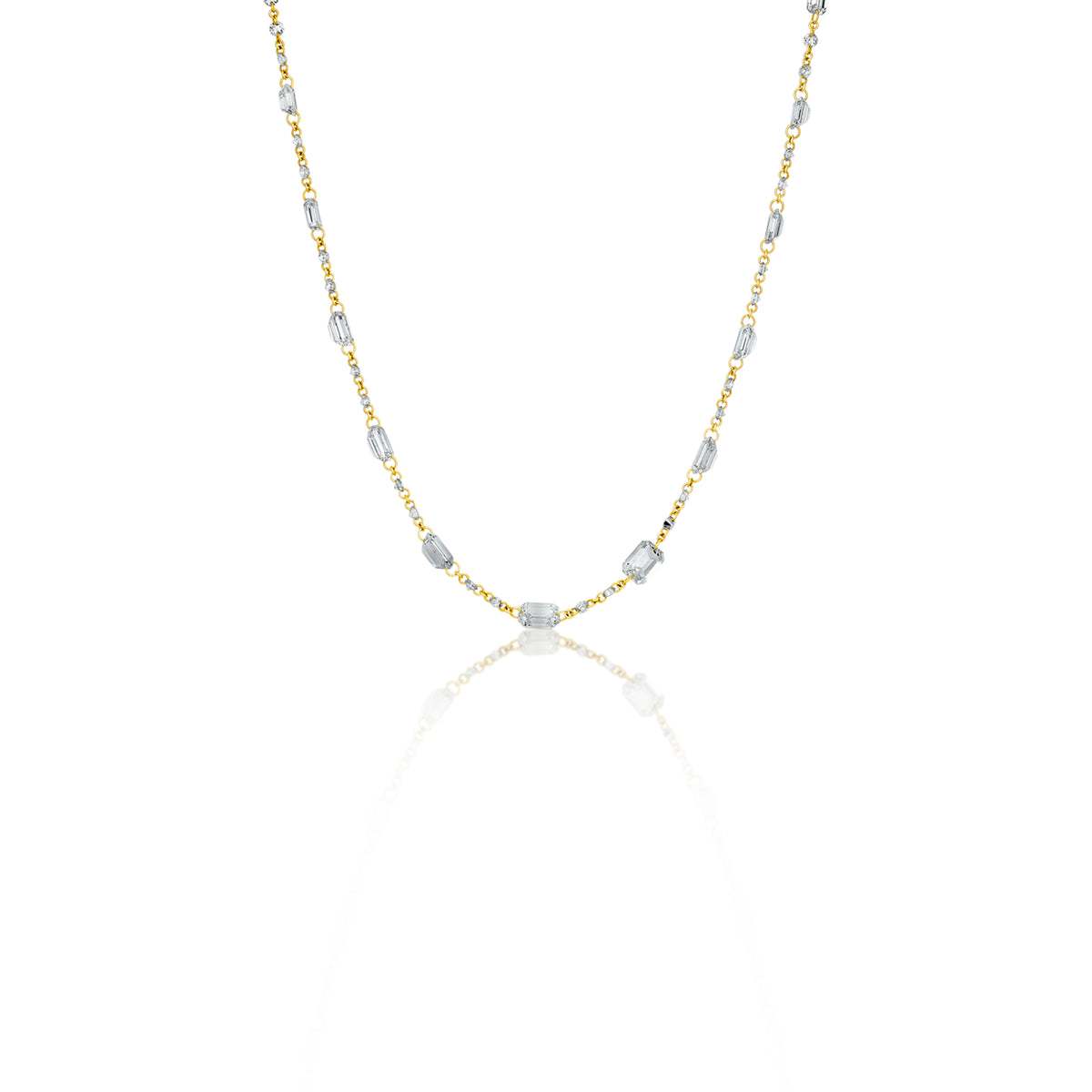 18k Yellow Gold Pierced Emerald Shape and Round Yellow Diamond Chain Necklace with Pear Accent