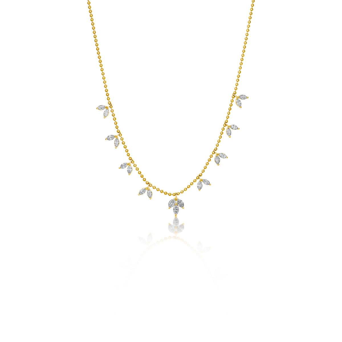 14k Yellow Gold Marquise Diamond Cluster Station Ball Chain Necklace