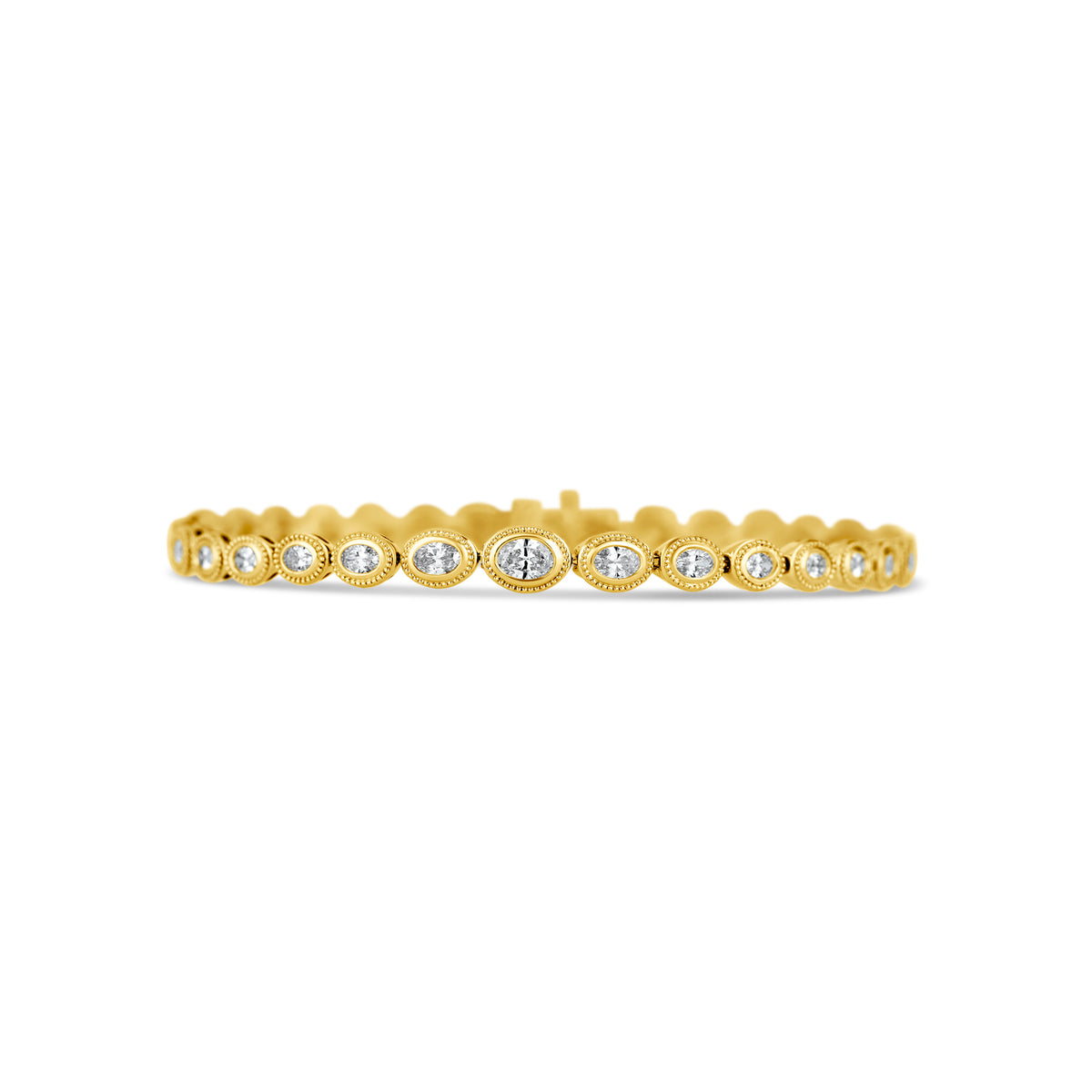 14k Yellow Gold Graduated Oval Diamond Bezel Set and Milgrain Halo Bracelet