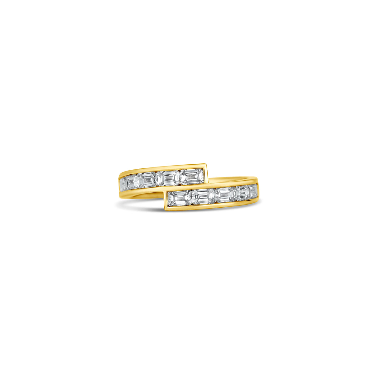 14k Yellow Gold Emerald Diamond Channel Set Crossover Ring