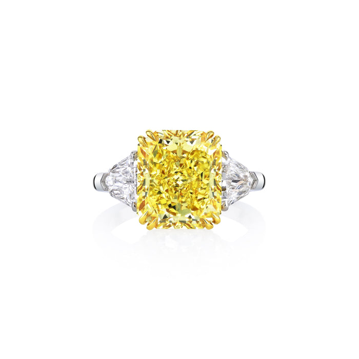 Platinum and 18k Yellow Gold Radiant Fancy Yellow Diamond Three Stone Engagement Ring