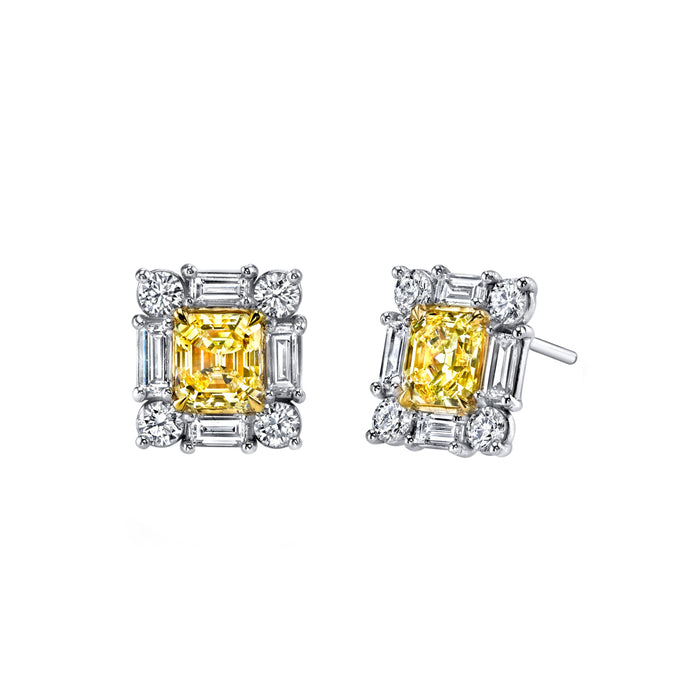 Platinum and 18k Yellow Gold Asscher Fancy Yellow and Multi Shape Diamond Halo Earrings