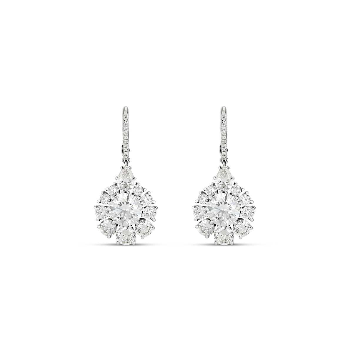 18k White Gold Lab Grown Round and Pear Diamond Flower Dangle Earrings