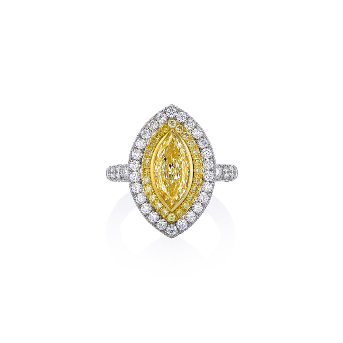 Platinum and 18k Yellow Gold Marquise Fancy Light Yellow Diamond Double Halo Pavé Engagement Ring