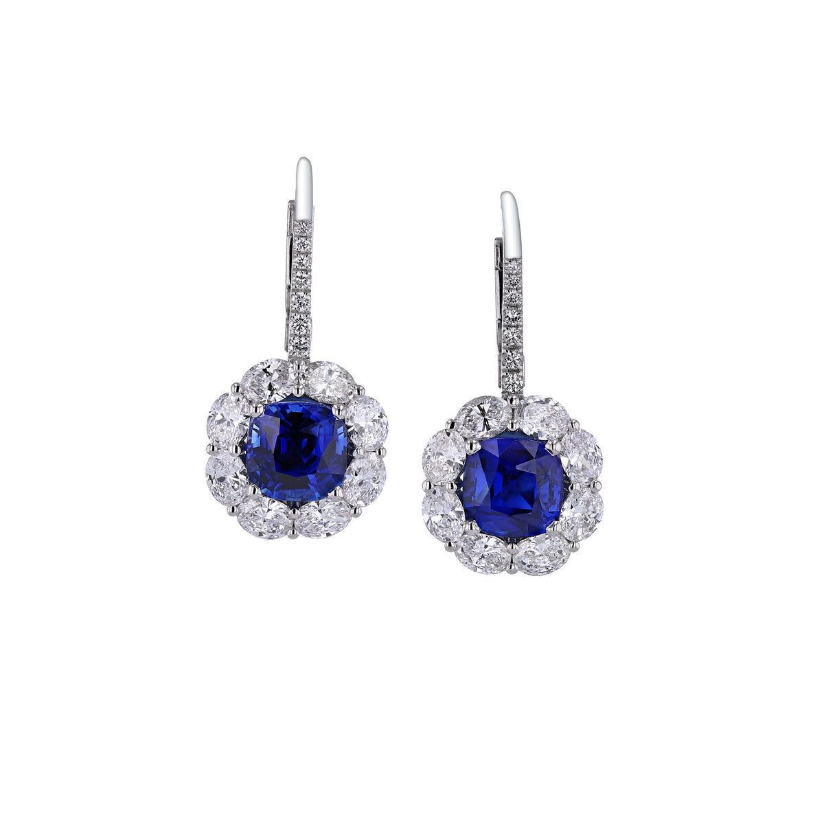 18k White Gold Cushion Sapphire and Oval Diamond Halo Leverback Earrings