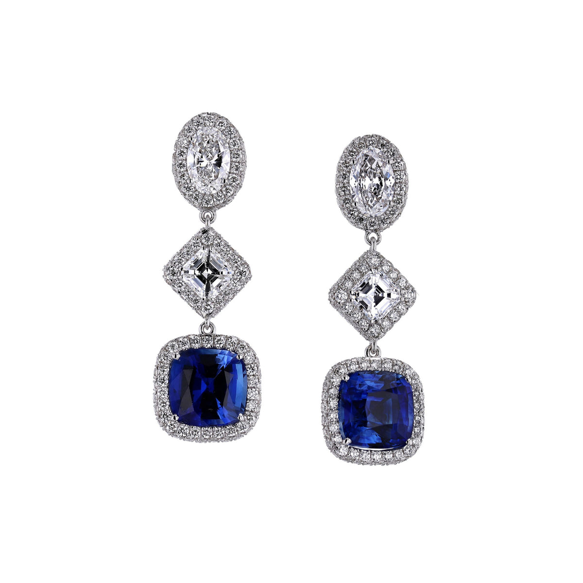 18k White Gold Cushion Sapphire and Multi Shape Diamond Dangle Earrings
