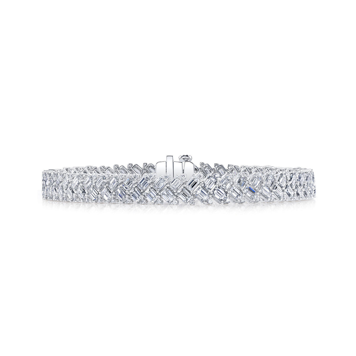18k White Gold Round and Emerald Cut Diamond Herringbone Bracelet