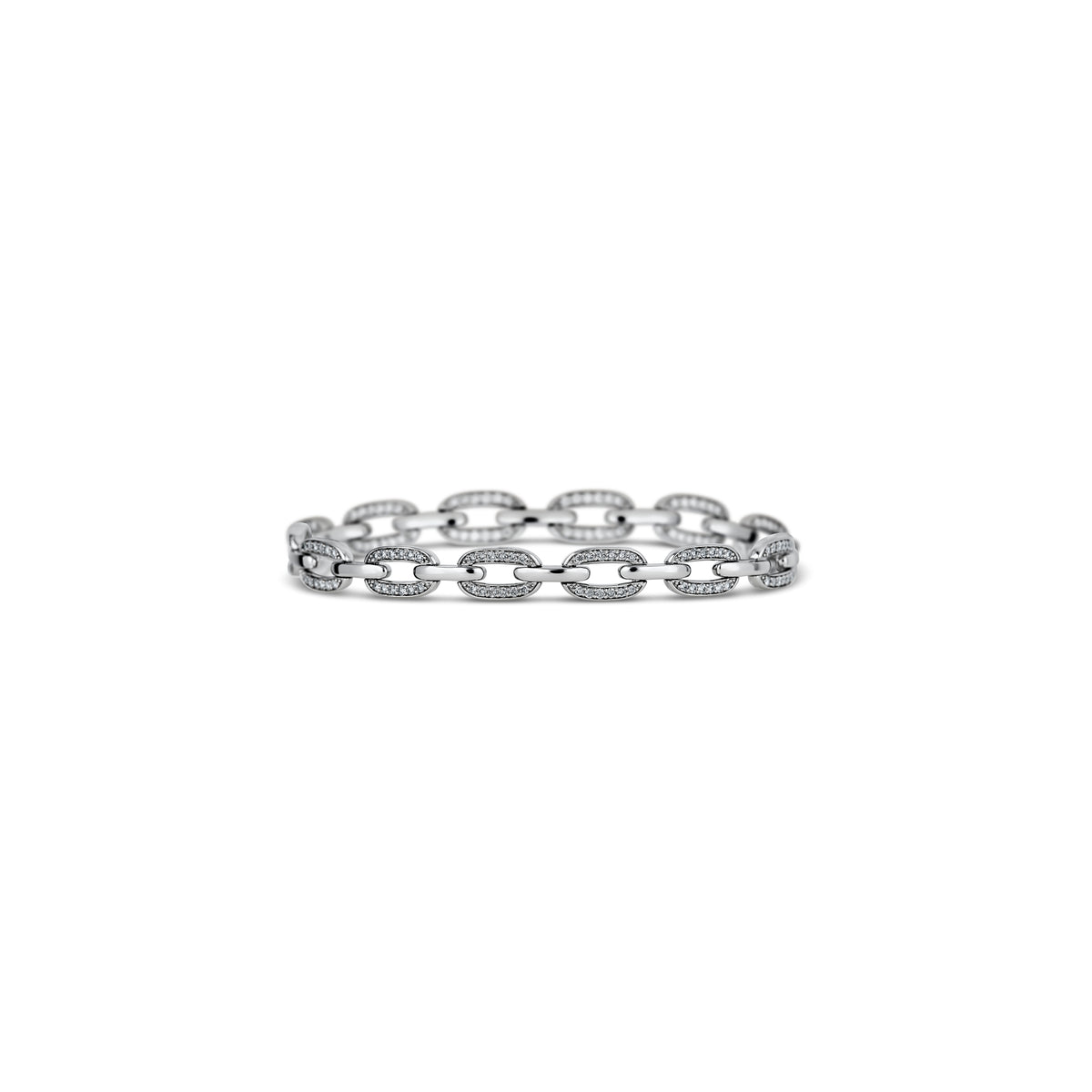 14k White Gold Lab Grown Round Brilliant Diamond Alternating Pavé Link Bracelet