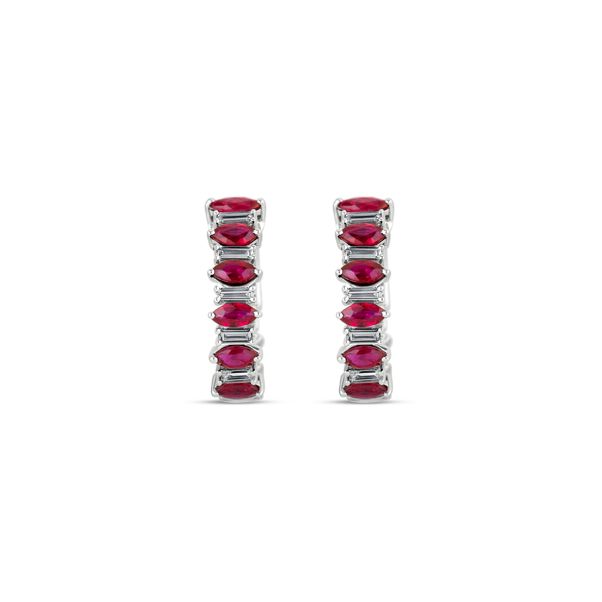 18k White Gold Marquise Ruby and Baguette Diamond Hoop Earrings