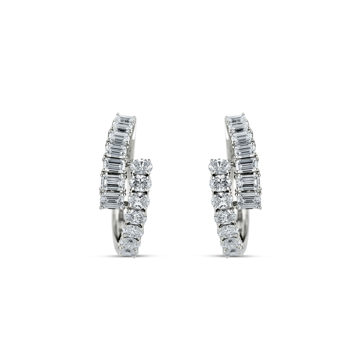 18k White Gold Oval and Emerald Diamond Bypass Hoop Earrings