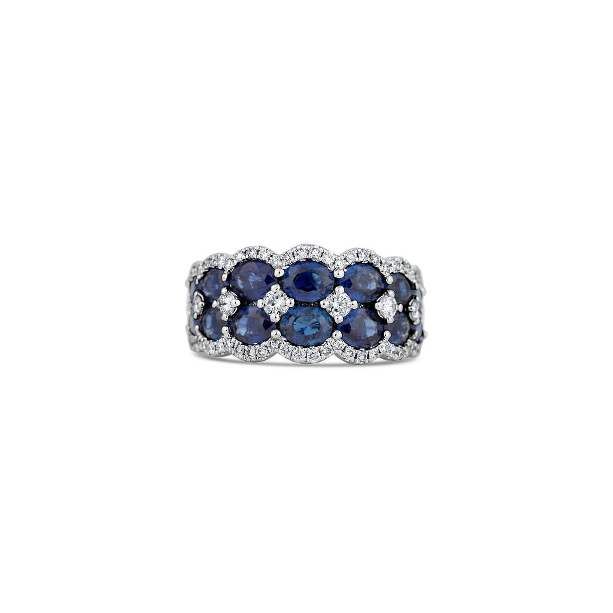 18k White Gold Oval Blue Sapphire and Round Diamond Scalloped Ring