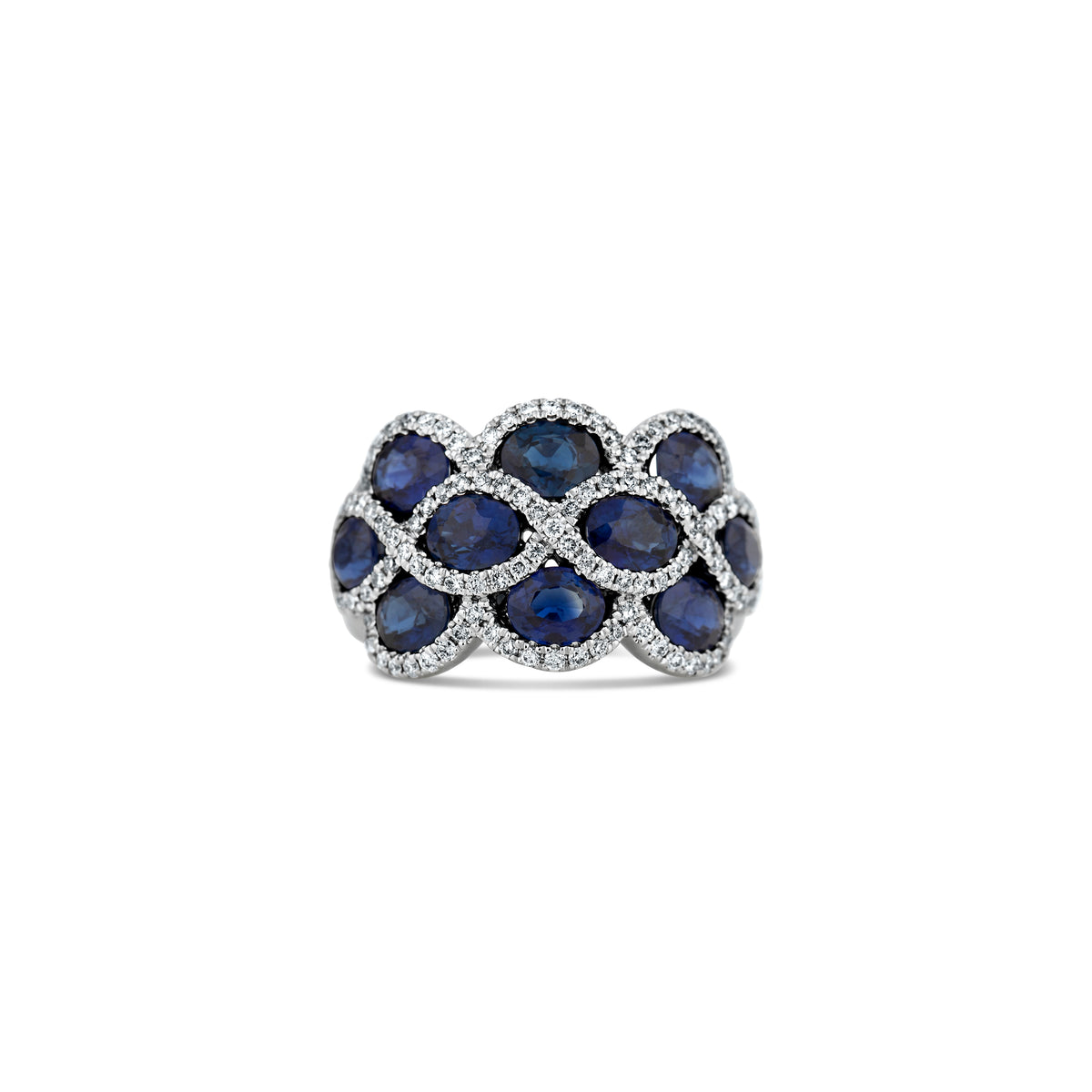18k White Gold Oval Blue Sapphire and Round Diamond Scalloped Ring