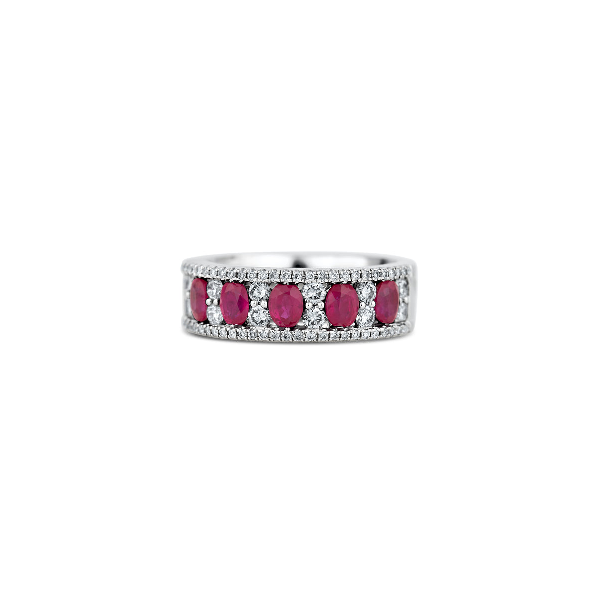 14k White Gold Oval Ruby and Round Diamond Band