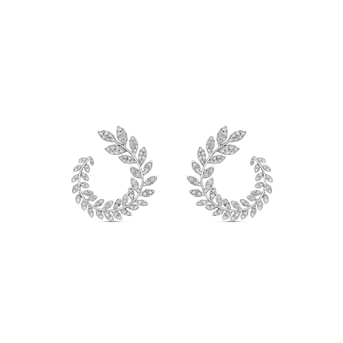 18k White Gold Pavé Diamond Leaf Front-Facing Hoop Earrings