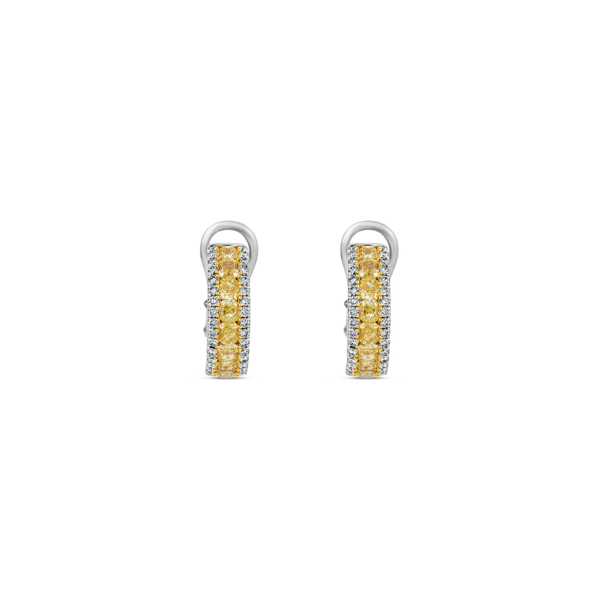 18k White/Yellow Gold Cushion Yellow Diamond and Round Diamond Huggie Hoop Earrings