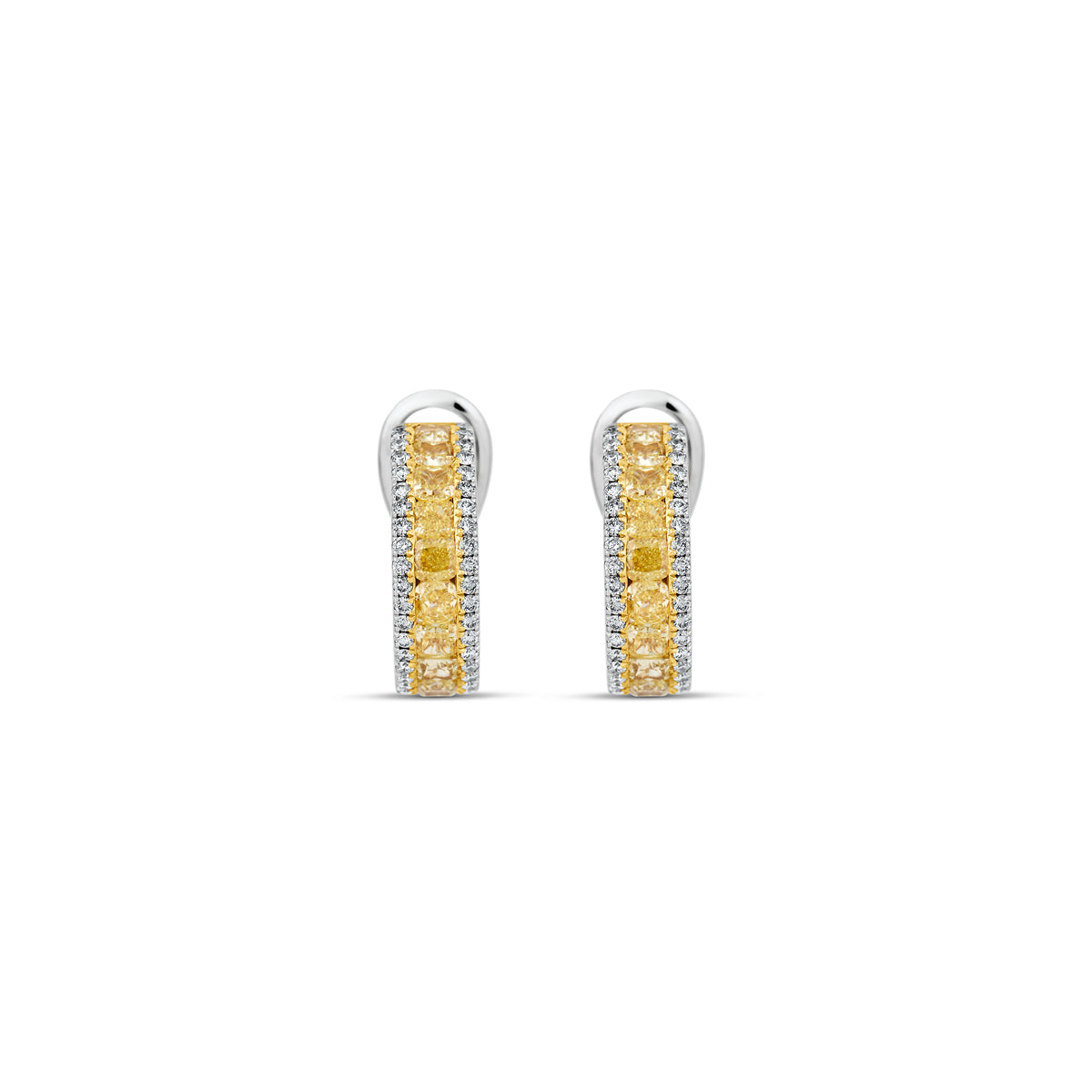 18k White/Yellow Gold Cushion Yellow Diamond and Round Diamond Huggie Hoop Earrings