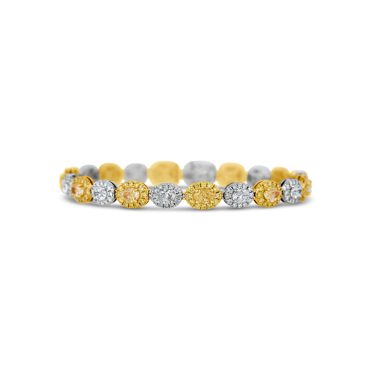 18k White/Yellow Gold Oval Diamond and Yellow Diamond Halo Alternating Bracelet