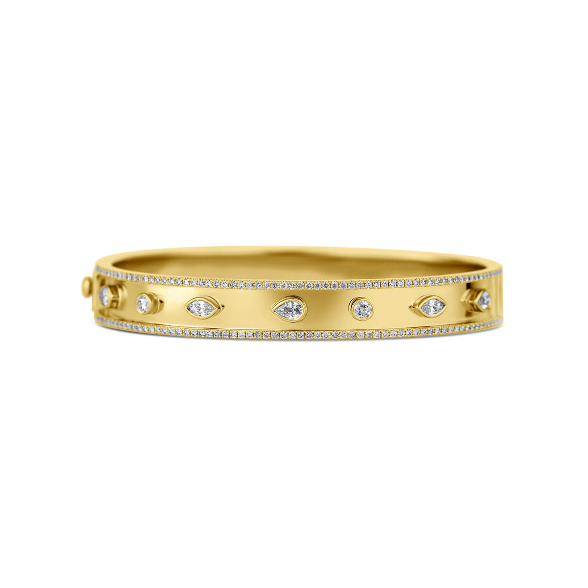 18k Yellow Gold Pear, Marquise, and Round Diamond Bezel Set Bangle Bracelet