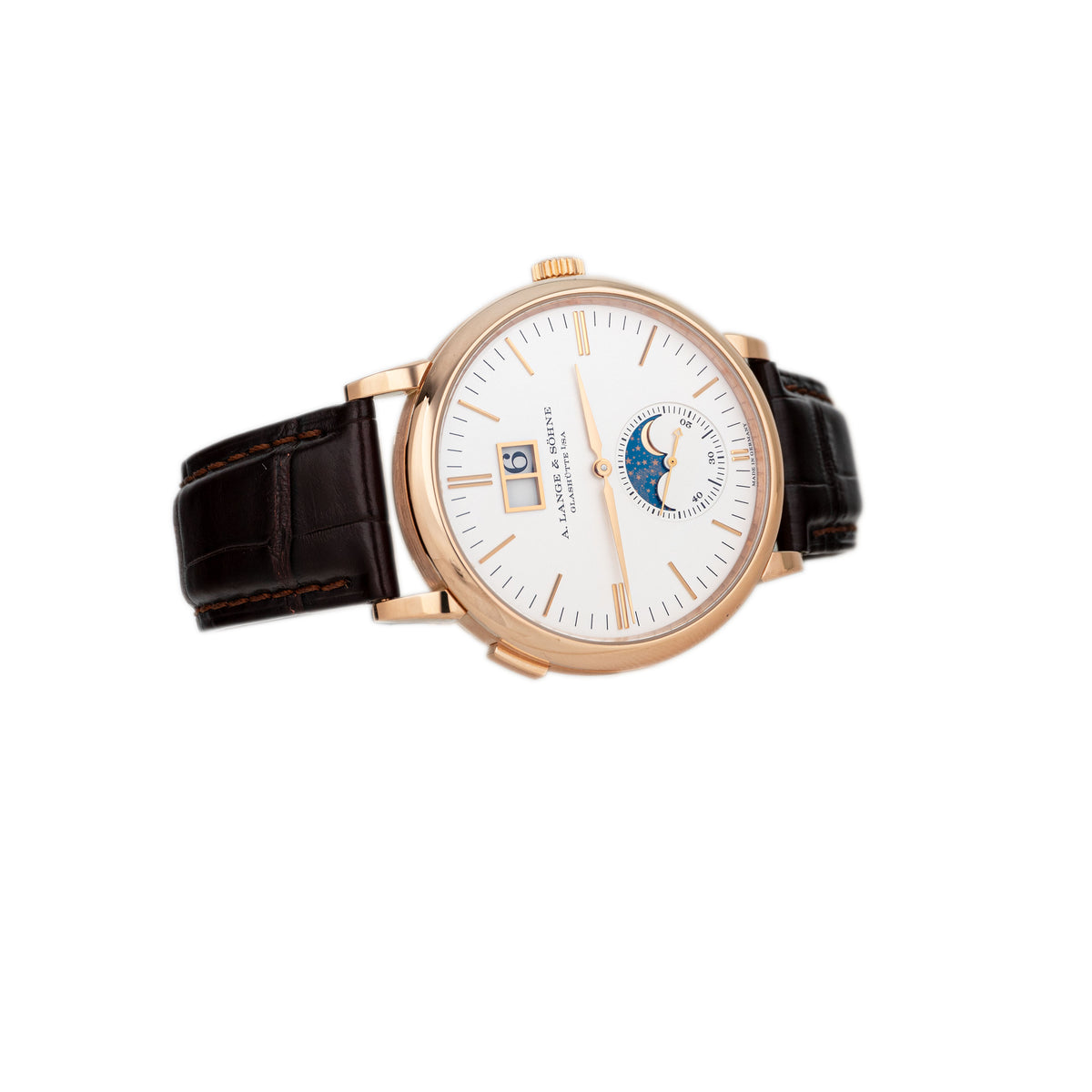 A. Lange & Sohne Saxonia Moon Phase Rose Gold Silver Dial 40mm 384.032 Full Set