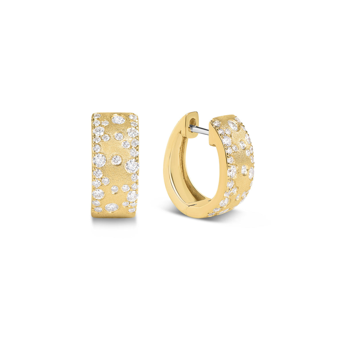 14k Yellow Gold Confetti Satin Finish Diamond Huggie Hoop Earrings