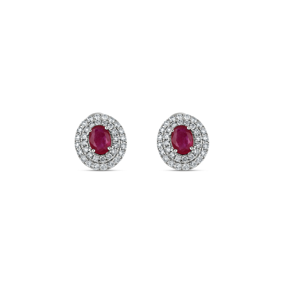 18k White Gold Oval Ruby Double Diamond Halo Post Earrings
