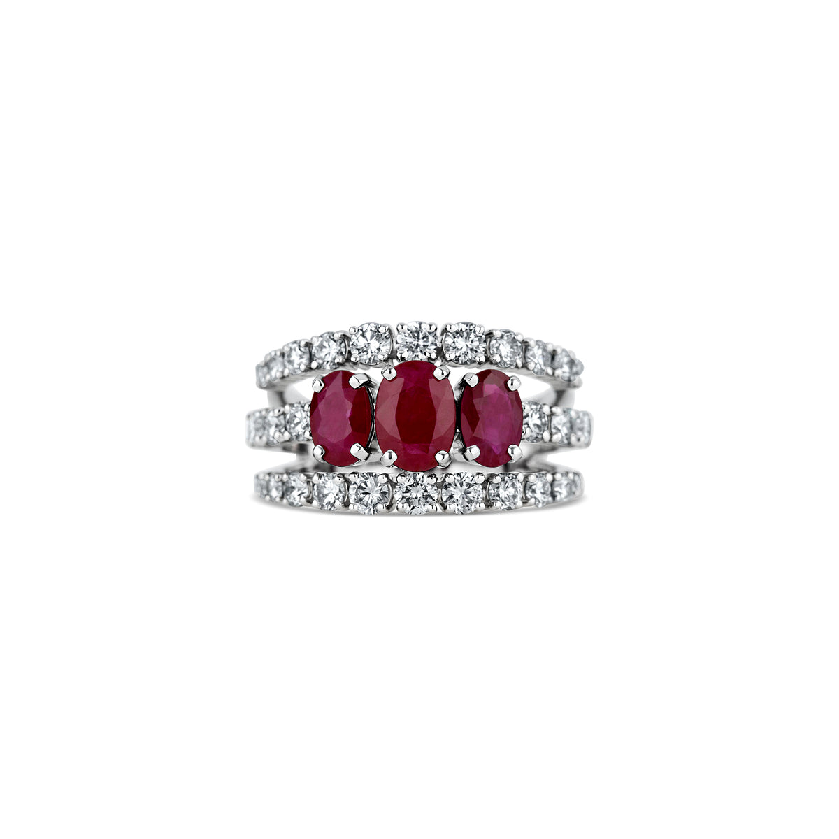 18k White Gold Oval Ruby and Round Diamond Three Row Ring