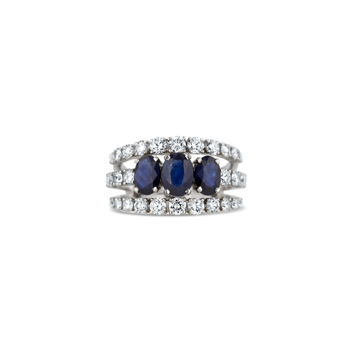 18k White Gold Oval Sapphire and Round Diamond Three Row Ring