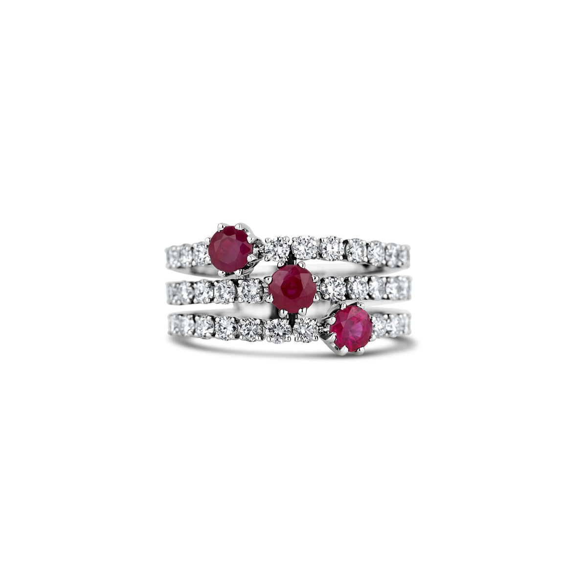 18k White Gold Round Ruby and Diamond Three Row Ring